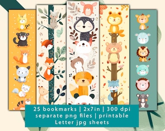 Cute Animal Bookmarks Set, Printable Bookmark Designs (JPG)