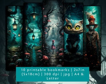 10 Alice in wonderland bookmark designs, bookmark set JPG, printable friend gift bookmark sheets, fairy bookmarks, bookstore bookmarks