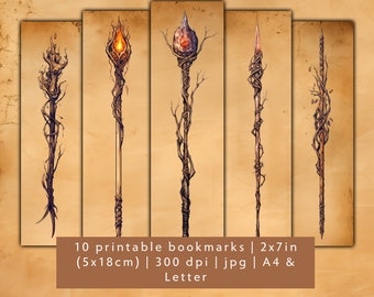 10 evil magic wands bookmark printable designs, digital download bookmark set JPG, printable dark gothic bookmark sheets
