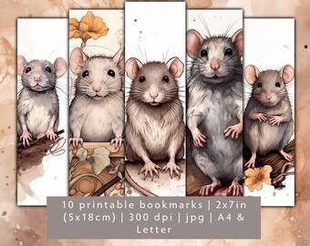 10 Watercolor Rat printable bookmark designs, digital download bookmark JPG, rat printable bookmark set