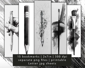 Black & White Brush Bookmarks, Printable Bookmark Set (JPG)