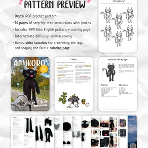 May include: A digital PDF crochet pattern titled AMIKORO featuring a black creature with three eyes and horns. The document includes 15 pages of step-by-step instructions, a coloring page, notes, material lists, abbreviations, and photo tutorials.