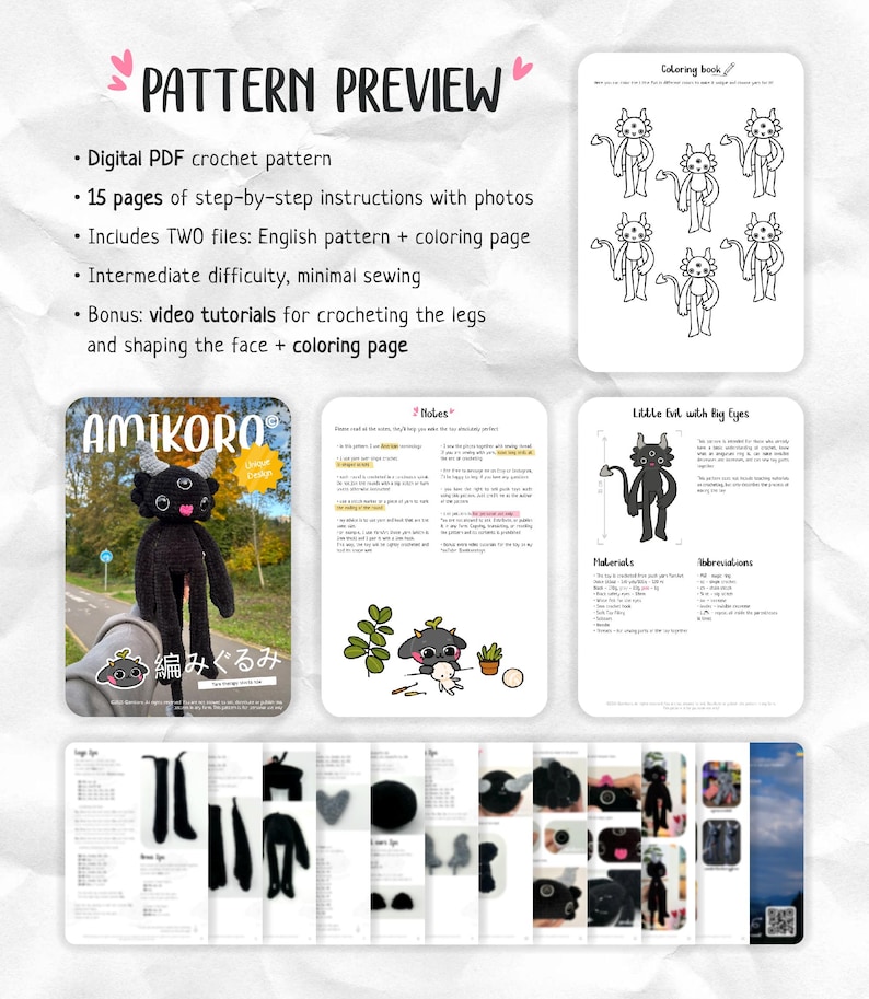 May include: A digital PDF crochet pattern titled AMIKORO featuring a black creature with three eyes and horns. The document includes 15 pages of step-by-step instructions, a coloring page, notes, material lists, abbreviations, and photo tutorials.