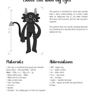May include: A crochet pattern document titled Little Evil with Big Eyes featuring a black three-eyed creature illustration with gray horns and a tail. The document includes a 35 cm height indicator, a materials list, and a list of crochet abbreviations.