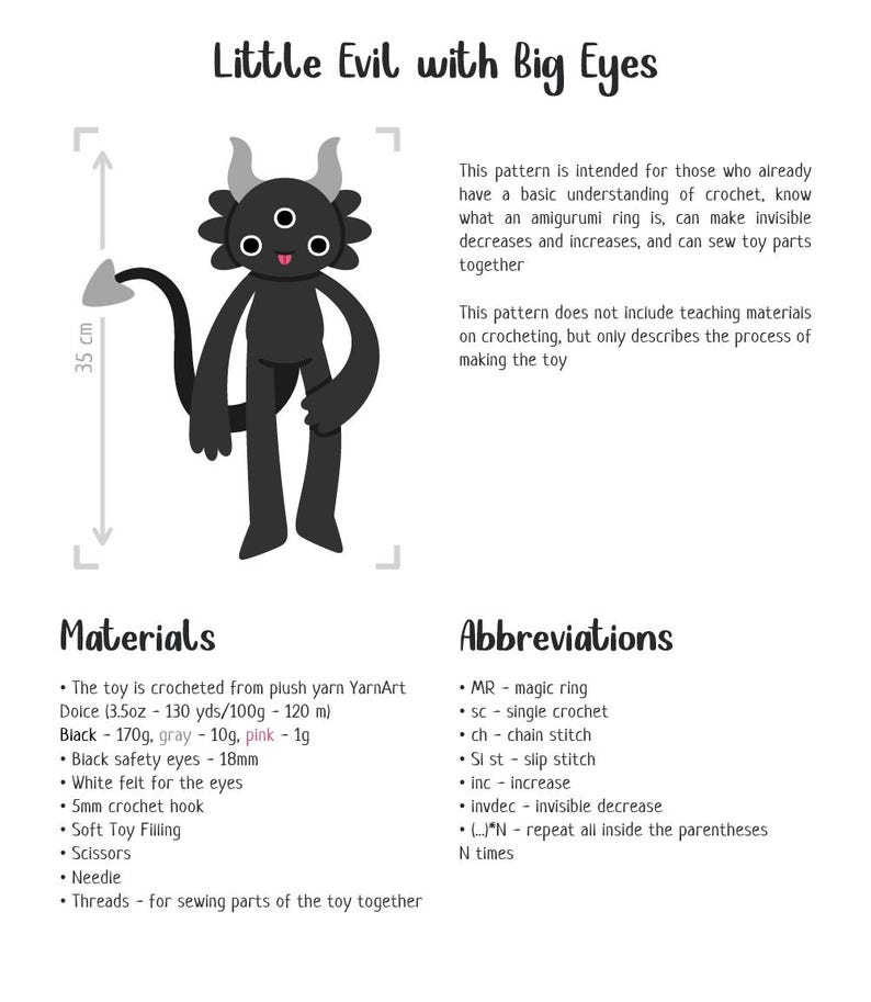 May include: A crochet pattern document titled Little Evil with Big Eyes featuring a black three-eyed creature illustration with gray horns and a tail. The document includes a 35 cm height indicator, a materials list, and a list of crochet abbreviations.