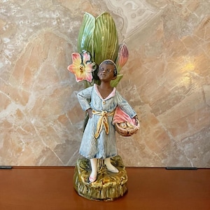 Majolica Blackamoor Juvenile Figure and Floral Vase
