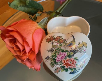 Japanese Heart Shaped Porcelain Peacock Trinket Box