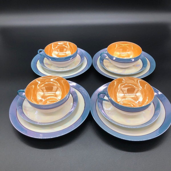 Takito TT Japanese Lusterware  Vintage Cups and Saucers with Luncheon Plates  Set of 4