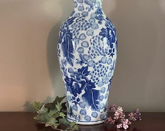 Vintage Blue and White Chinoiserie 18" Floral and Grape Motif Vase