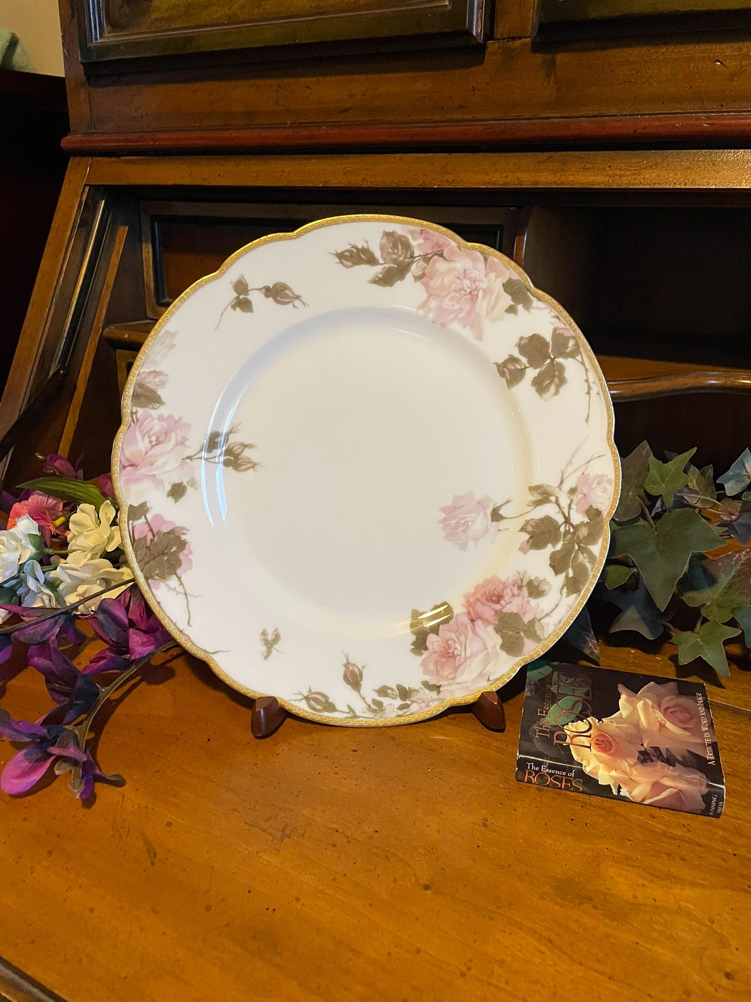 フランス製【ROSE DE LIMOGES】美しい格子レリーフと薔薇プレート2枚 French Limoges Haviland & Co Pink Roses Pattern 9.5