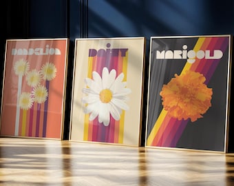 Zestaw 3 wydruków sztuki kwiatowej: Retro botaniczna sztuka ścienna (do pobrania w wersji cyfrowej)