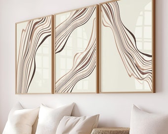 Abstrakcyjne wydruki artystyczne w kolorze mokki – zestaw 3 sztuk – nowoczesny wystrój domu (do pobrania w wersji cyfrowej)