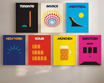 Plakaty z podróżami po mieście: Nowoczesne minimalistyczne wydruki artystyczne, zestaw 7 sztuk (do pobrania w wersji cyfrowej)