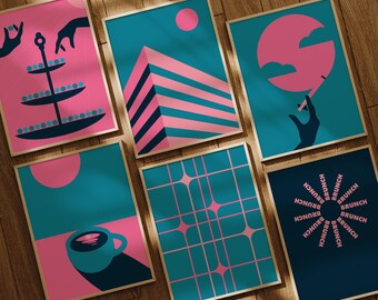 Zestaw wydruków artystycznych „Brunch”: nowoczesny, minimalistyczny wystrój (do pobrania w wersji cyfrowej)