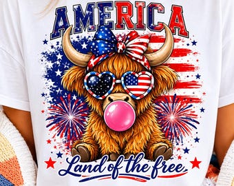 4th Of July Highland Cow PNG, Cute Patriotic Cow PNG, USA Cowgirl Sublimation, Independence Day Design