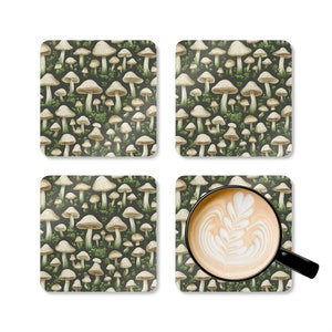 Mushroom Cottagecore Corkwood Coaster Set, Nature Lover Kitchen Dining Room Home Decor, Spring Summer Farmhouse Housewarming Birthday Gift