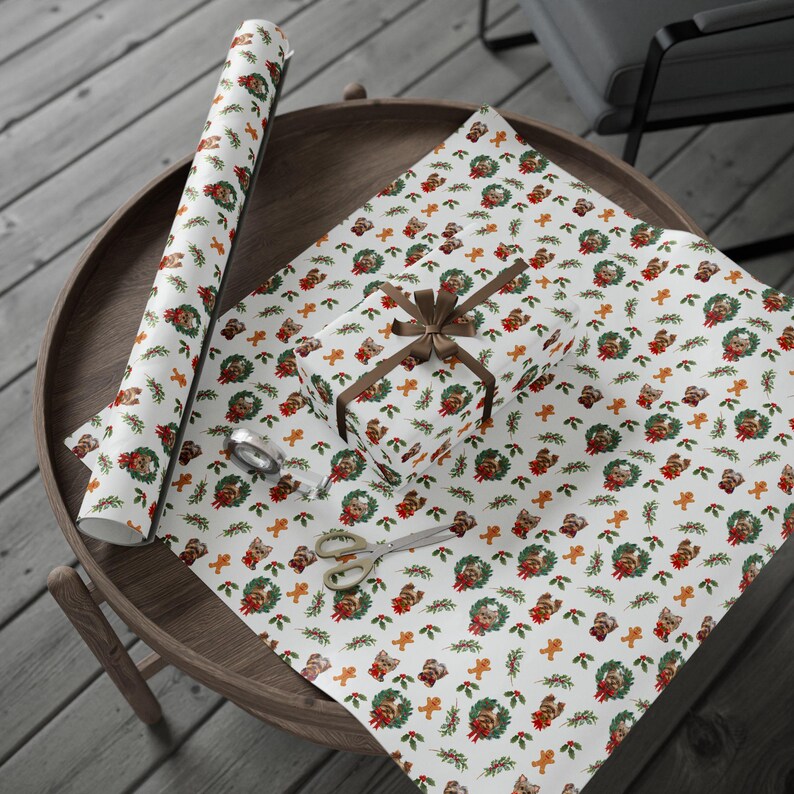 Yorkie Christmas Wrapping Paper, Yorkshire Terrier Holiday Gift Wrap, Dog Lover Holiday Gift Wrap Roll, Christmas Gift, Party Supplies Decor image 2