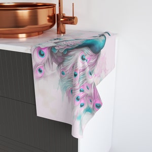 Pink Peacock Hand Towel, Exotic Bird Tea Towel, Kitchen Home Decor, Bathroom Bird Decoration, Housewarming Hostess Gift, Bird Lovers Present