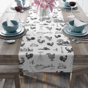 Vintage Rooster Table Runner, Farmhouse Style Table Linen, Kitchen Dining Room Decor, Monochrome Rooster Housewarming Birthday Gift