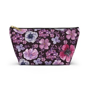 Dark Floral Pink Accessory Pouch, Stylish Makeup Bag, Cute Organizer, Botanical Art Gift for Her, Spring Flowers Travel Case, T-bottom Purse