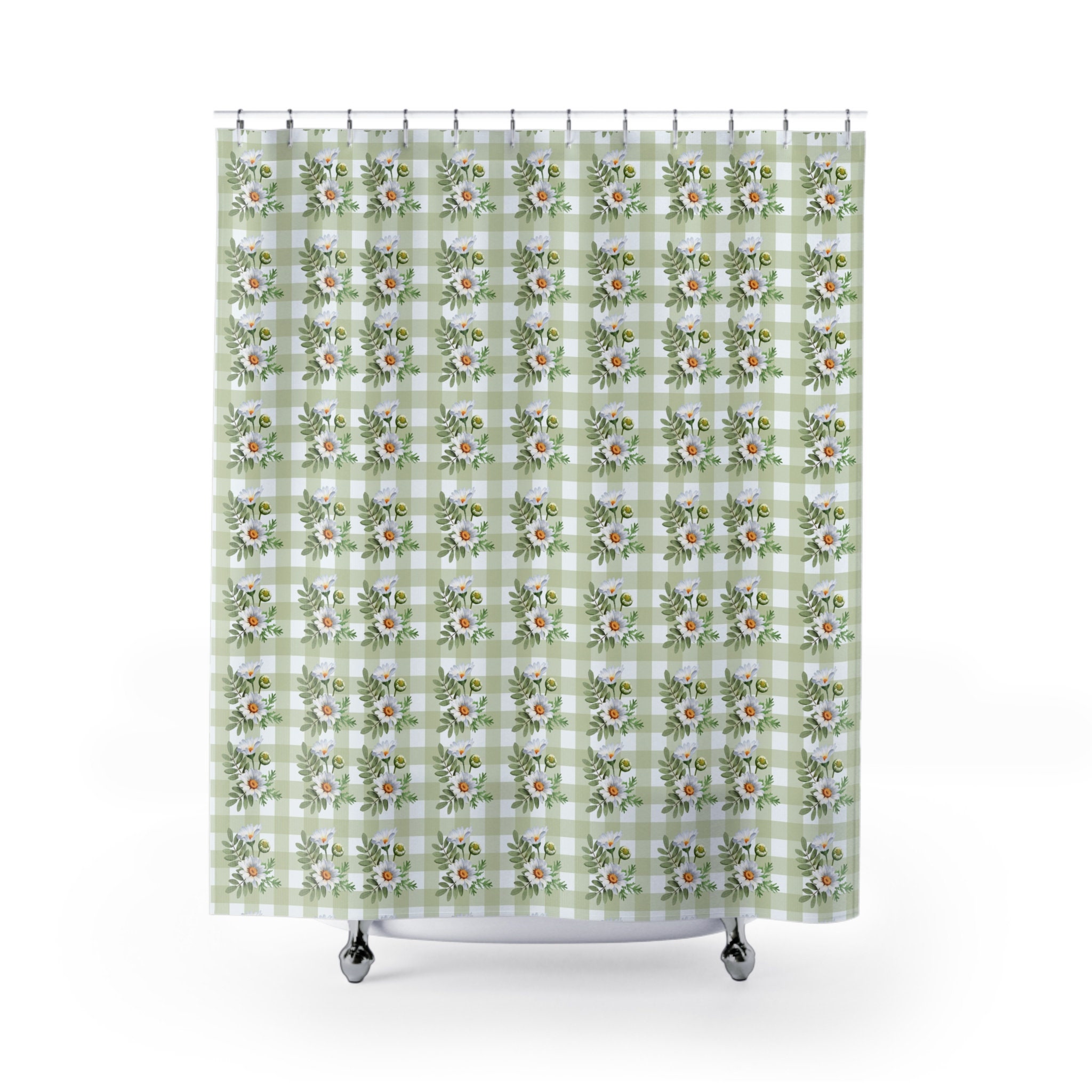 Sage Green Gingham Daisy Shower Curtain, Vintage Cottagecore Spring ...