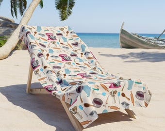 Baking Themed Beach Towel, Poolside Accessory, Gift for Baker Picnic Blanket, Birthday Vacation Swim Gym Travel Towel, Holiday Christmas