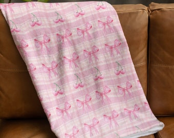 Pink Bows and Cherries Coquette Inspired Blanket, Spring Summer Cottagecore Home Decor, Birthday Mothers Day Gift, Couch Throw Bedding