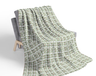 Coperta con margherite a quadretti verde salvia, arredamento vintage per la casa primaverile estivo, regalo di compleanno per la festa della mamma, regalo floreale per l'inaugurazione della casa