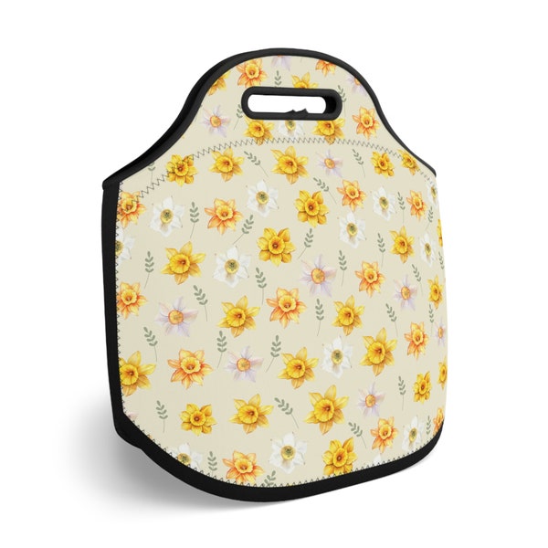 Daffodil Floral Insulated Lunch Bag, Botanical Reusable Lunch Tote, Custom Zipper Bag, Flower Lunch Bag for School Work Picnic