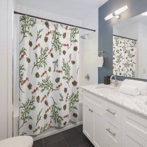 Squirrel Lover Shower Curtain, Woodland Animal Bathroom Home Decor, Birthday Housewarming Hostess Present, Nature Plant Parent Gift