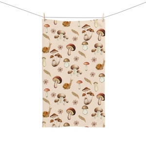 Mushroom Cottagecore Beige Hand Towel, Kitchen Bathroom Tea Towel, Woodland Nature Lovers, Housewarming Hostess Home Decor, Mothers Day Gift