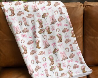 Cowgirl Boots N Bows Plush Blanket, Pink Western Summer Home Decor, Coquette Inspired Birthday Housewarming Gift, Mothers Day Present