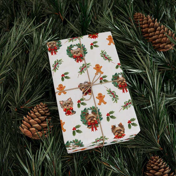 Yorkie Christmas Wrapping Paper, Yorkshire Terrier Holiday Gift Wrap, Dog Lover Holiday Gift Wrap Roll, Christmas Gift, Party Supplies Decor