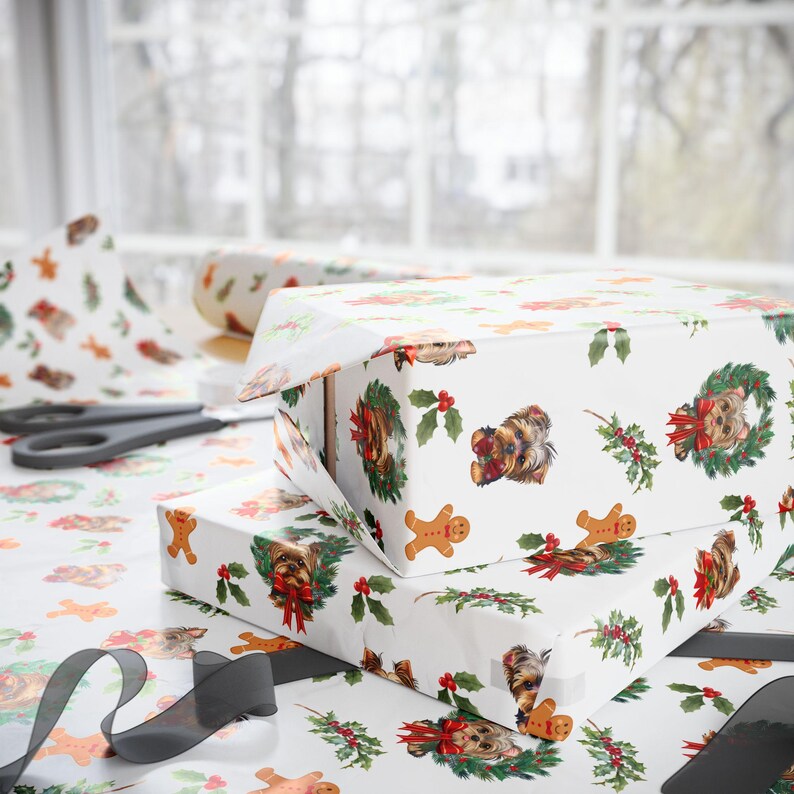 Yorkie Christmas Wrapping Paper, Yorkshire Terrier Holiday Gift Wrap, Dog Lover Holiday Gift Wrap Roll, Christmas Gift, Party Supplies Decor image 3