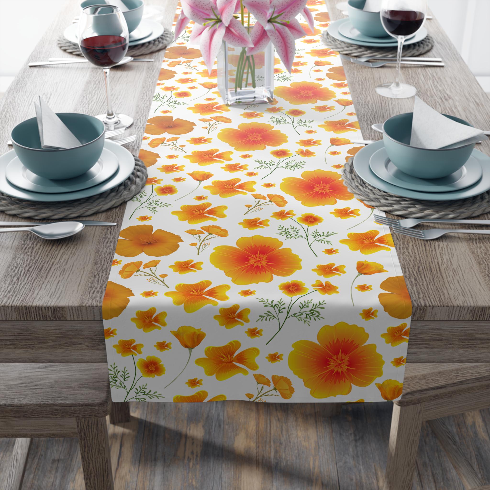 California Poppy Table Runner, Vibrant Orange Table Linen for