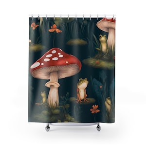 Frog Mushroom Shower Curtain, Toadstool Bathroom Home Decor, Bathroom Decoration, Housewarming Hostess Gift, Spring Present Idea