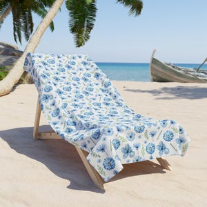 Floral Antique Blue Beach Towel, Spring Botanical Bath Pool Birthday Vacation Gift, Picnic Blanket, Swim Gym Travel Bridal Shower Present