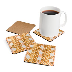 Mid Century Modern Corkwood Coaster Set, Orange Geometric Kitchen Dining Room Decor, Spring Summer Home, Birthday Housewarming Hostess Gift