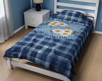 Denim Floral Gingham Deken, Lente Zomer Geruit Home Decor, Moederdag Verjaardagscadeau, Inwijdingsfeest Gastvrouw Aanwezig, Couch Throw