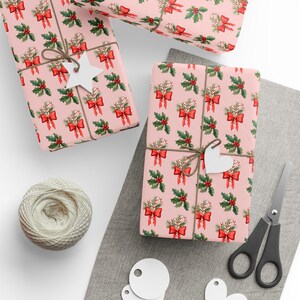 Candy Canes and Holly Wrapping Paper, Christmas Holiday Gift Wrap, Seasonal Wrapping Paper, Gift Wrap Paper Roll, Red Bows Gift Paper