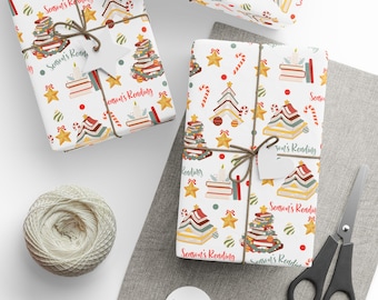 Christmas Book Lover Wrapping Paper, Reader Theme Holiday Gift Wrap, Seasonal Wrapping Paper, Gift Wrap Paper Roll, Happy Holiday Gift Paper