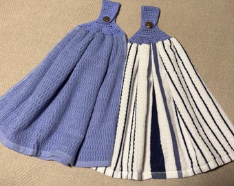Crocheted Hanging Hand Towel – Cornflower Blue Cotton, Vintage Button