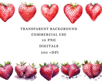 Strawberry Heart Valentines Day Watercolor Clipart Bundle of 10 - Transparent Background Digital Download PNG Graphics - Commercial Use