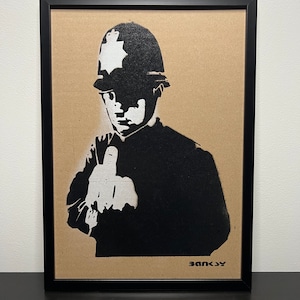 BANKSY (d’après) : Superbe Pochoir sur Carton -Encadré- Seulement 50 exemplaires.