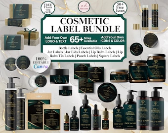 May include: A digital download bundle of 65+ customizable cosmetic labels in various sizes. The labels feature a black and gold design with the text "Daily Hydrating & Soothing" and "Face Wash". The bundle includes labels for bottles, jars, lip balms, and more.