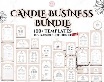 May include: A digital download of 100+ candle business templates, icons, and labels. The templates are in a light beige colour with black text and graphics. The text "CANDLE BUSINESS BUNDLE" is in a large, decorative font at the top of the image. The text "100+ TEMPLATES ICONS+CANDLE LABEL BUNDLE Free" is in a smaller font below the title.