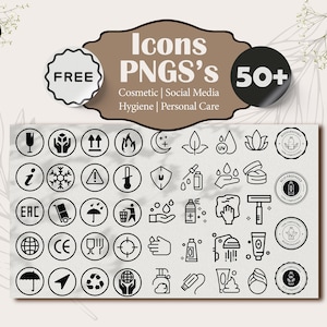 May include: A set of 50+ black and white icons in circles, representing cosmetic, social media, hygiene, and personal care. The icons include symbols for fragile, flammable, recycle, and more.