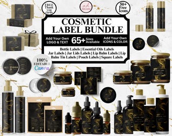 May include: A digital download of 65+ cosmetic label templates in black and gold with a marble effect. The labels are 100% editable in Canva and include bottle, jar, lip balm, pouch, and square labels. The text on the image reads "Cosmetic Label Bundle", "Add Your Own Logo & Text", "65+ Sizes Available", "Add Your Own Icons & Color", "Bottle Labels | Essential Oils Labels | Jar Labels | Jar Lids Labels | Lip Balm Labels | Lip Balm Tin Labels | Pouch Labels | Square Labels", "100% Editable Canva".