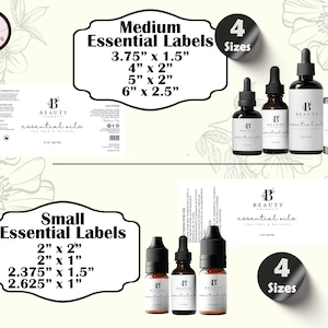 May include: Four sizes of essential oil labels with the text "Beauty Essentials" and "Tea Tree & Retinol" on a white background. The label sizes are 3.75 inches by 1.5 inches, 4 inches by 2 inches, 5 inches by 2 inches, and 6 inches by 2.5 inches. There are also four sizes of smaller labels with the text "Beauty Essentials" on a white background. The label sizes are 2 inches by 2 inches, 2 inches by 1 inch, 2.375 inches by 1.5 inches, and 2.625 inches by 1 inch.