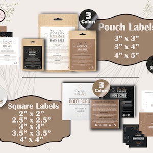 May include: A set of printable labels for bath salts and body scrubs. The labels are available in three colors: black, white, and brown. The labels are available in five sizes: 2 inches by 2 inches, 2.5 inches by 2.5 inches, 3 inches by 3 inches, 3.5 inches by 3.5 inches, and 4 inches by 4 inches. The labels feature the text "Pure Glow Radiance" and the product name, such as "Bath Salt" or "Body Scrub".